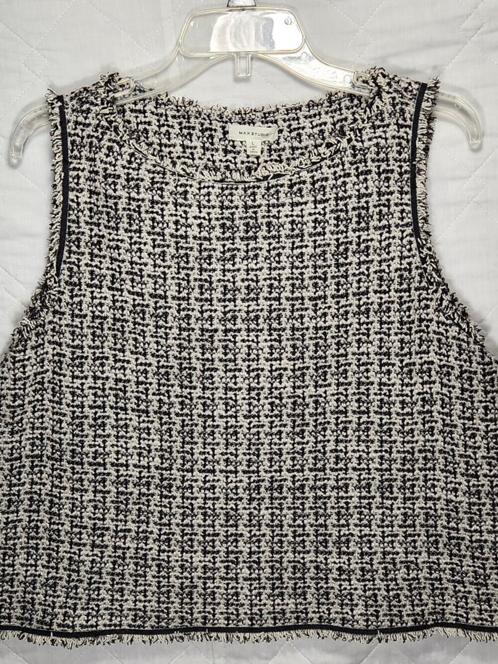 Max Studio Size Large Tweed Sleeveless Tank Top Black White with Fringe